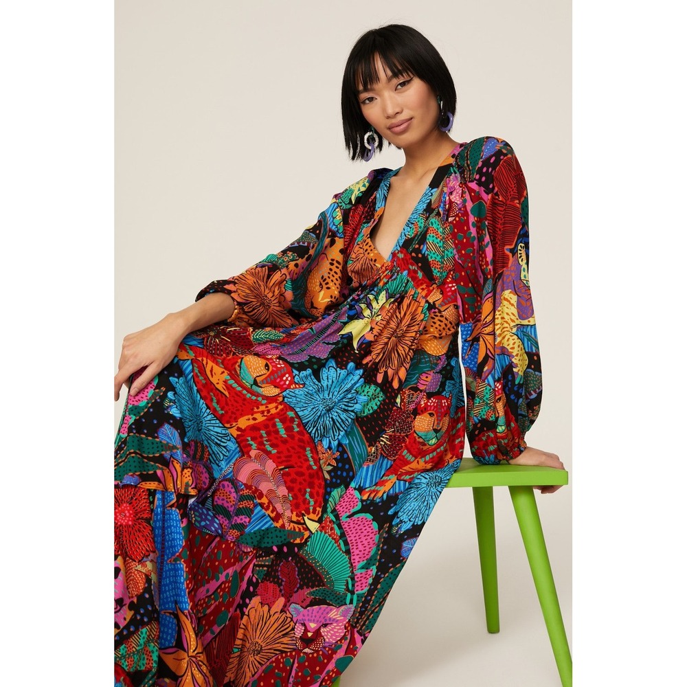Farm Rio‎ Cool Leopards Maxi Dress Open Back V-Neck Small
